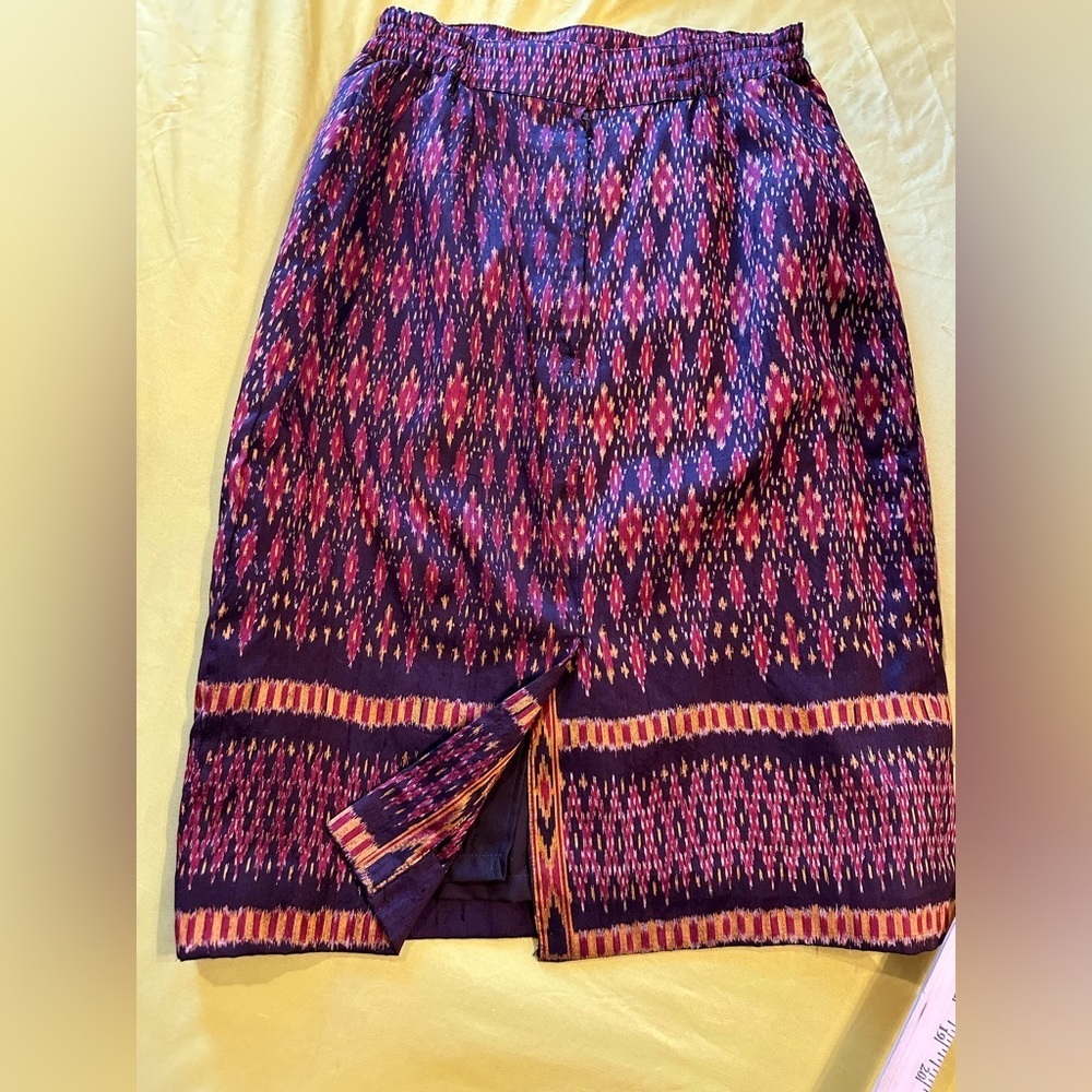 Vintage Alexandra Thai Silk Skirt Suit Set Jacket & Pencil Skirt Ikat Print Sz S - Picture 11 of 12